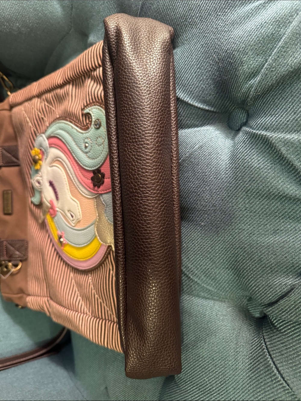 Chala Brown Striped Tote with Pastel Unicorn Applique - Picture 7 of 8